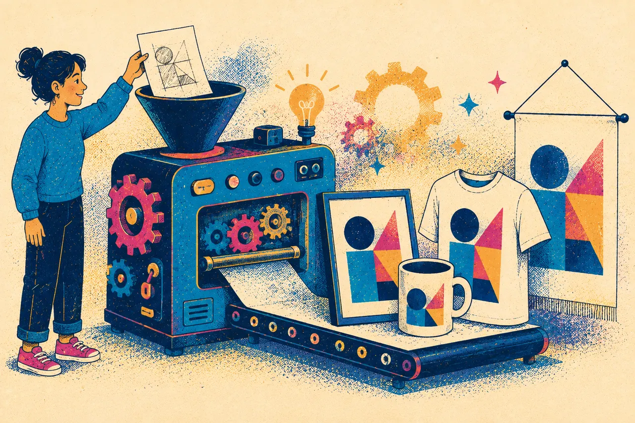 Illustration of a whimsical machine turning a single rough sketch into a row of finished products - a framed print, a mug, a t-shirt and a banner