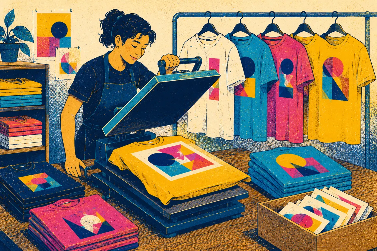 Illustration of a decorator lifting a heat press to reveal a printed t-shirt, with a rail of colourful finished tees behind