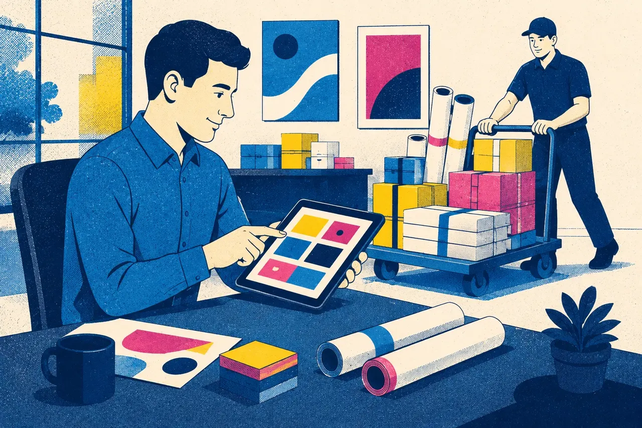 Illustration of an office worker reordering print on a tablet while a trolley of wrapped print packages is delivered behind them