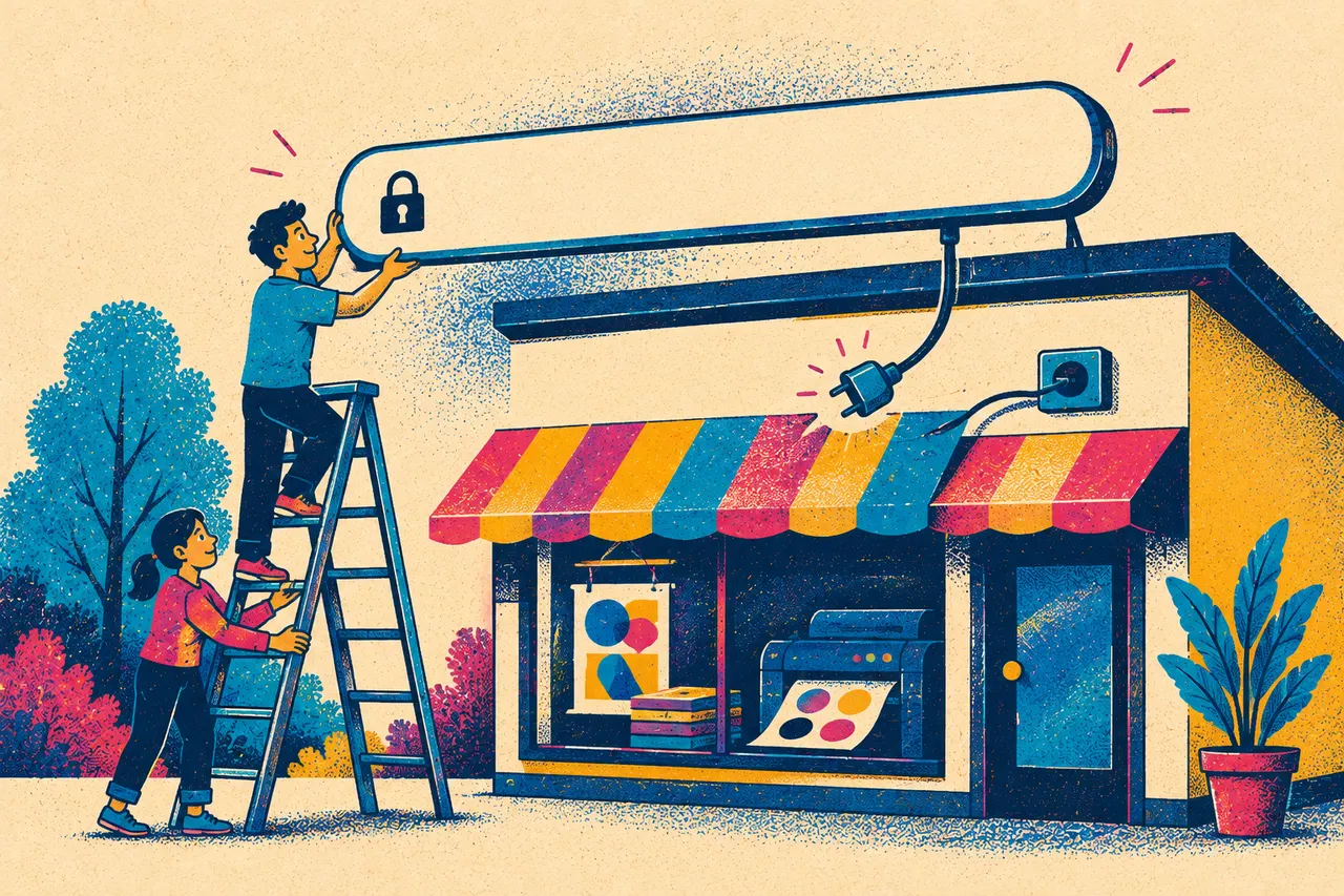 Illustration of two people on a ladder hoisting a giant empty browser address bar with a padlock above a small print shop, a plug about to click in