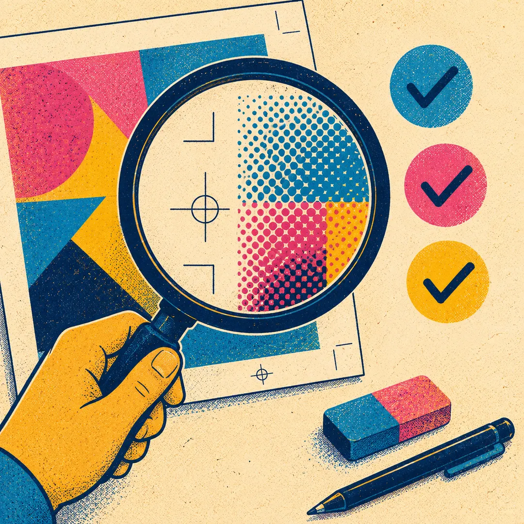 Illustration of a loupe magnifier over a printed sheet revealing crisp halftone dots and crop marks, with three check marks beside it