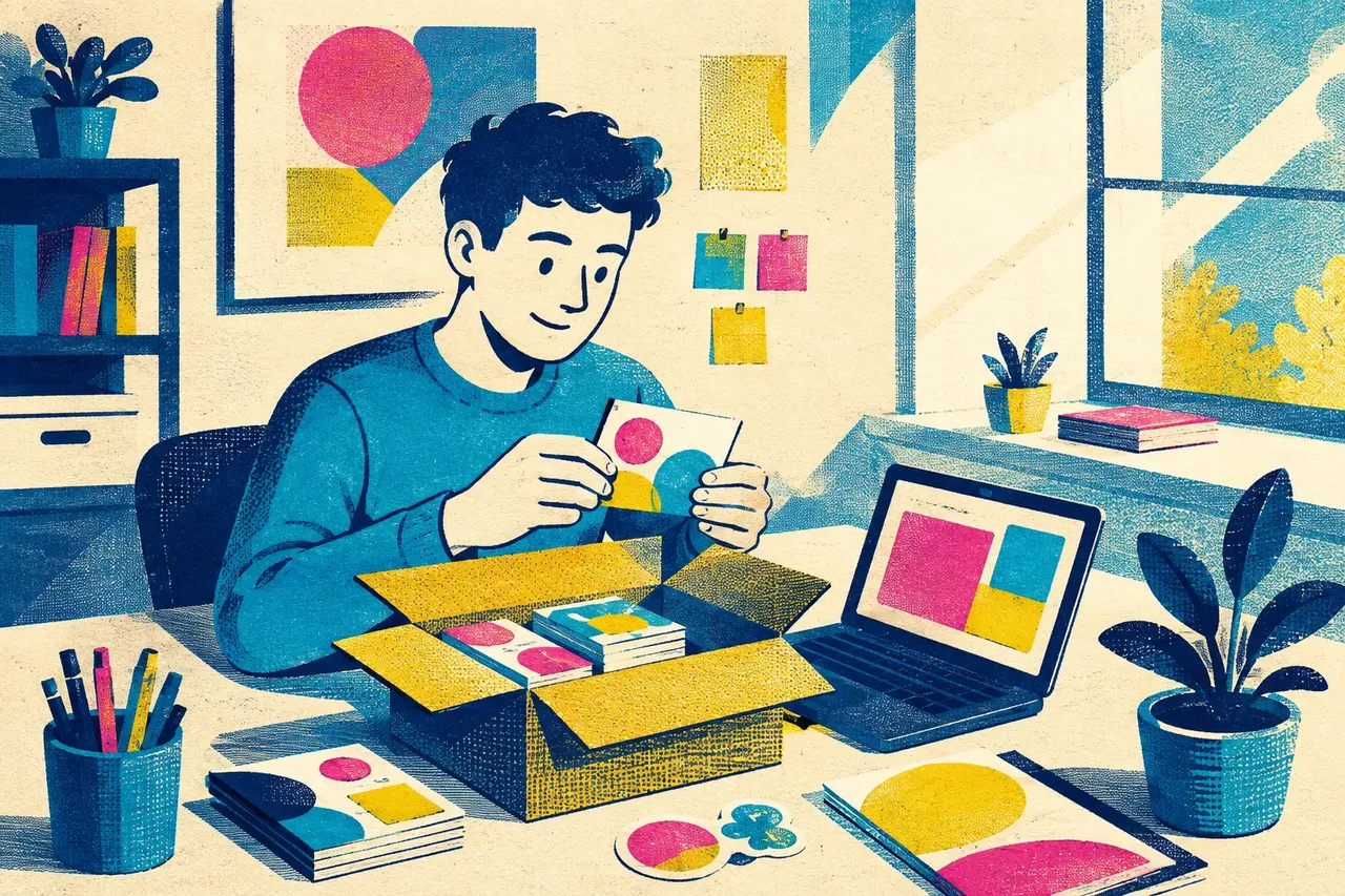 Illustration of a founder at a sunny desk unpacking a box of freshly printed business cards and stickers next to an open laptop
