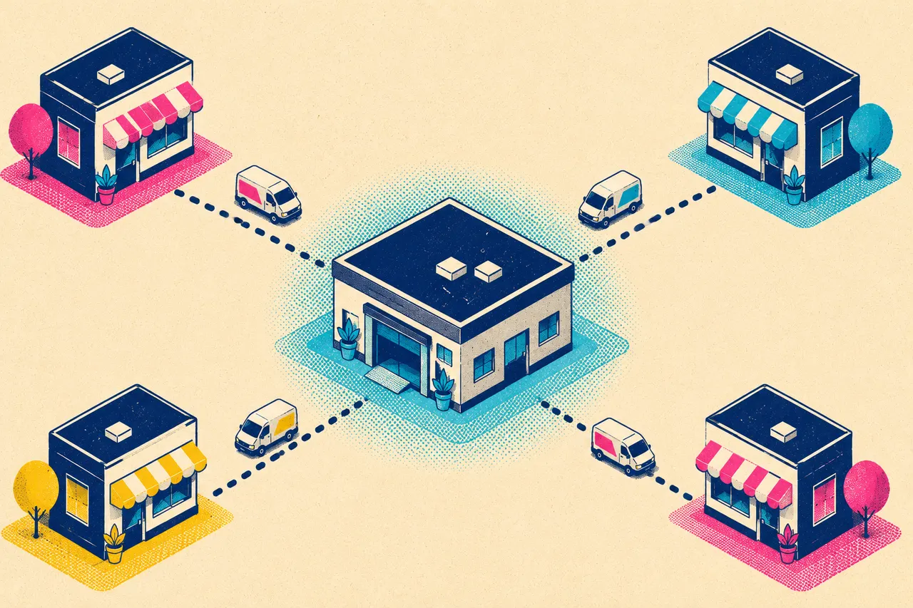 Bird's-eye illustration of four storefronts in different colours connected by dotted delivery routes to one central glowing hub building