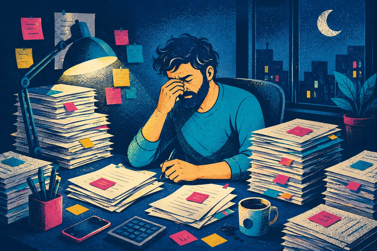 Illustration of a shop owner at a lamp-lit desk late at night, surrounded by stacks of paper quotes, sticky notes and a cold coffee