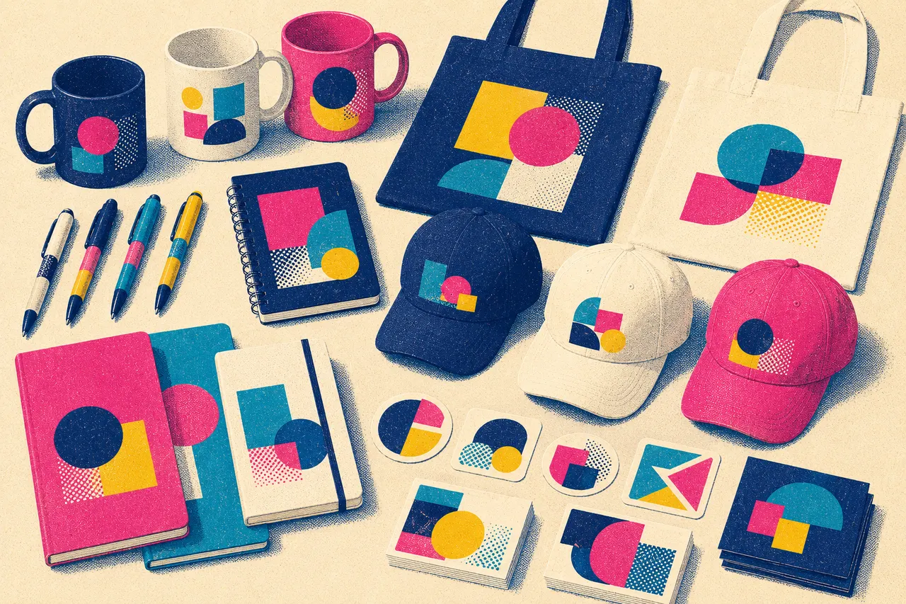 Illustration of a tidy table of promotional merchandise - mugs, tote bags, caps, pens, notebooks and stickers - all carrying the same geometric motif