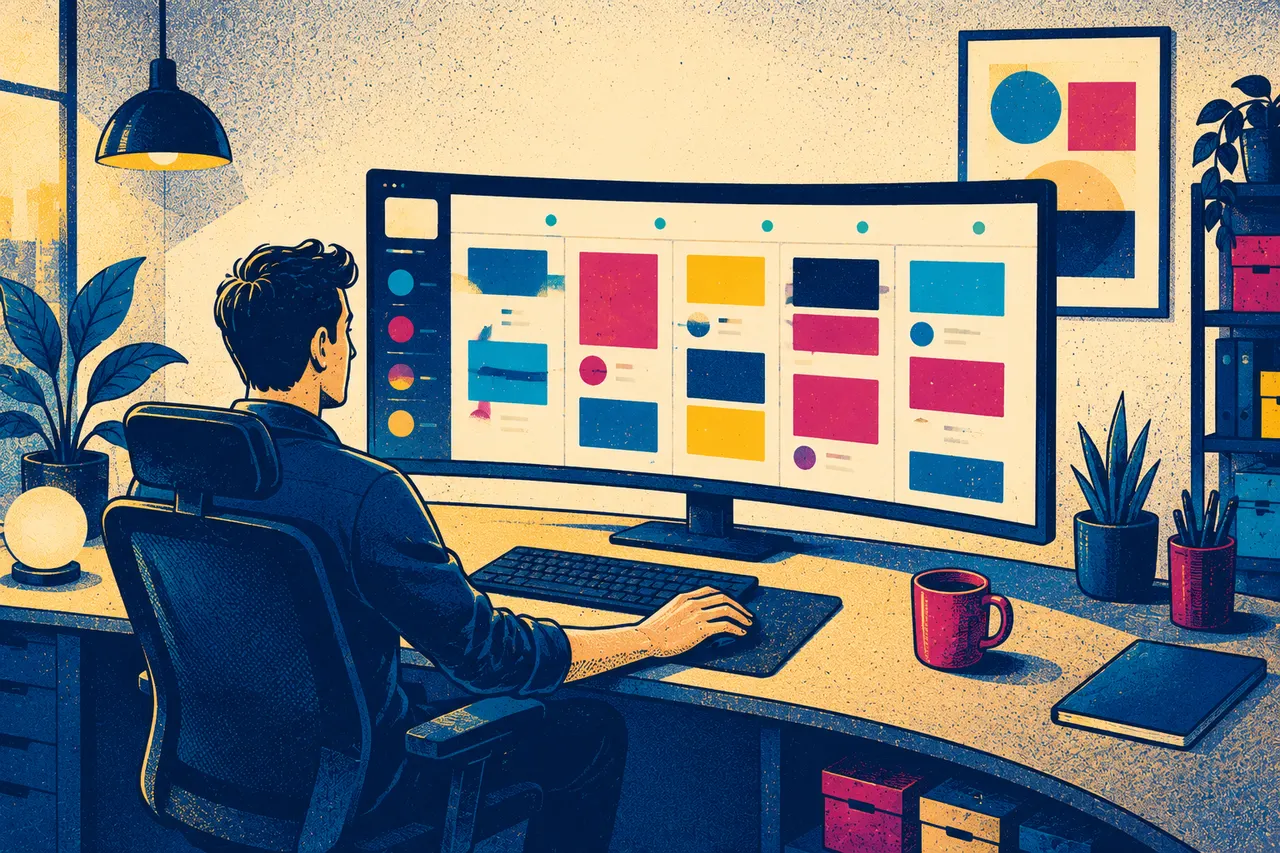 Illustration of a shop owner calmly reviewing tidy columns of abstract job cards on one large screen - everything under control