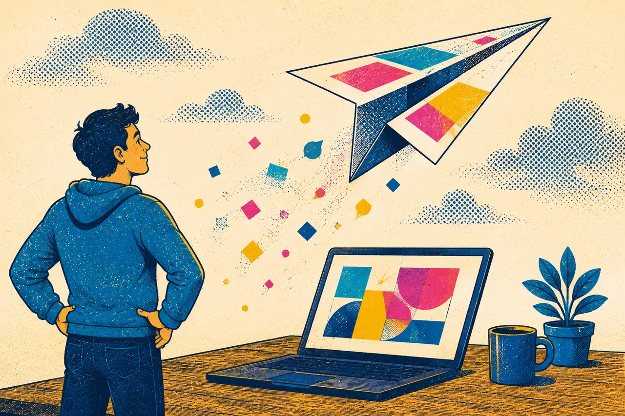 Illustration of a large paper plane folded from a printed sheet soaring up from a laptop while a person watches proudly