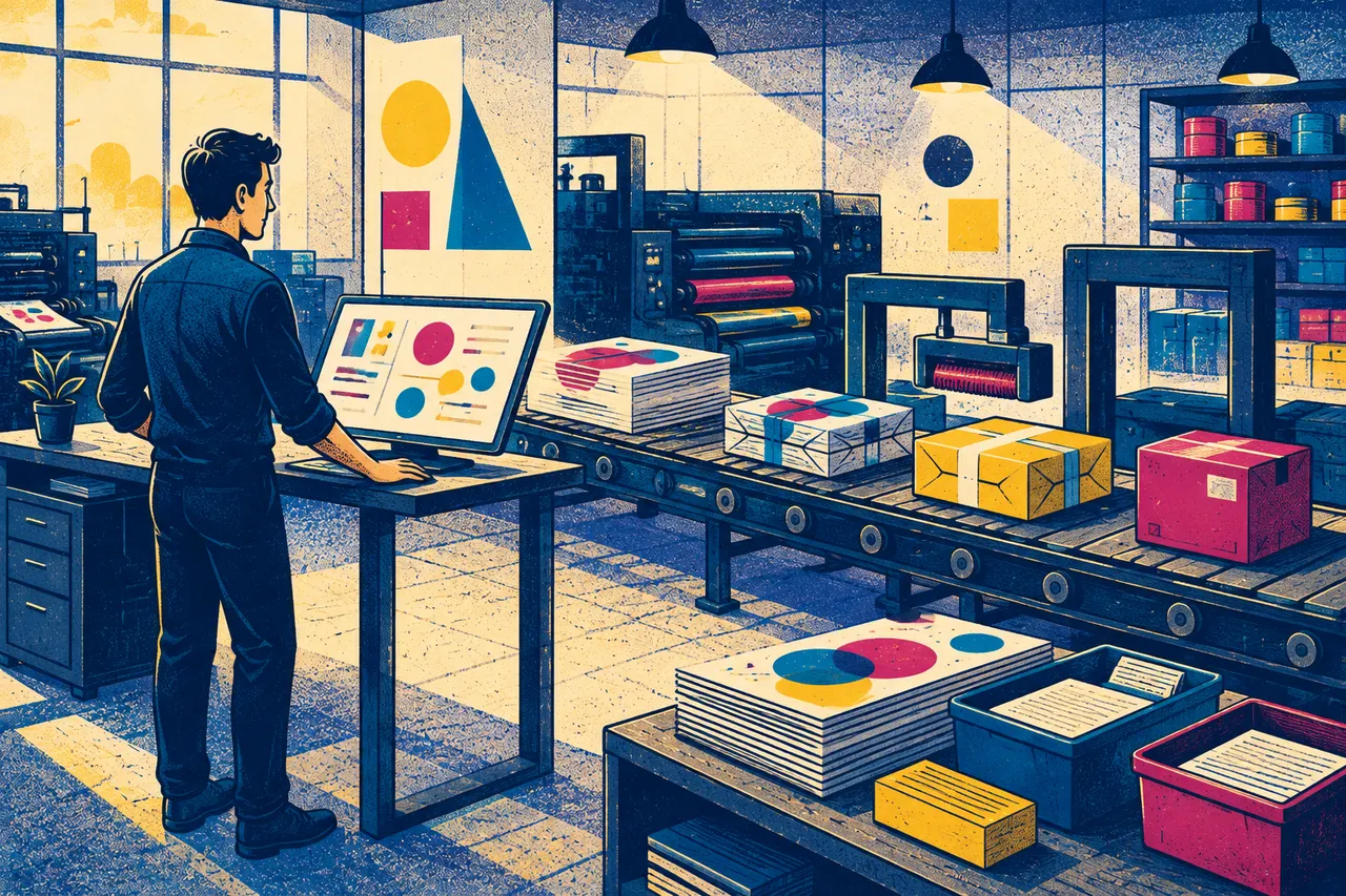 Illustration of a production manager overseeing a tidy conveyor line where printed jobs move through stations from sheets to wrapped parcels