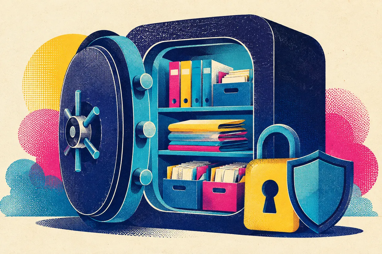 Illustration of a sturdy vault with neatly organised folders inside, a padlock and shield resting against it
