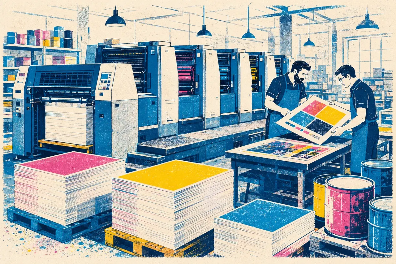 Illustration of a commercial print shop floor: an offset press, pallets of printed sheets, and two workers checking a colour sheet