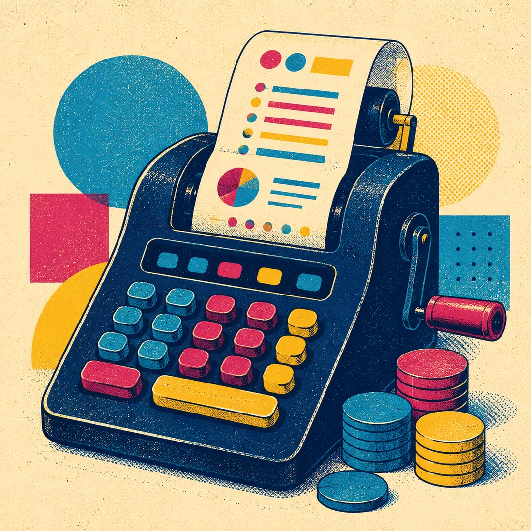Illustration of a colourful vintage adding machine with a paper ribbon of abstract marks and stacks of coloured discs beside it