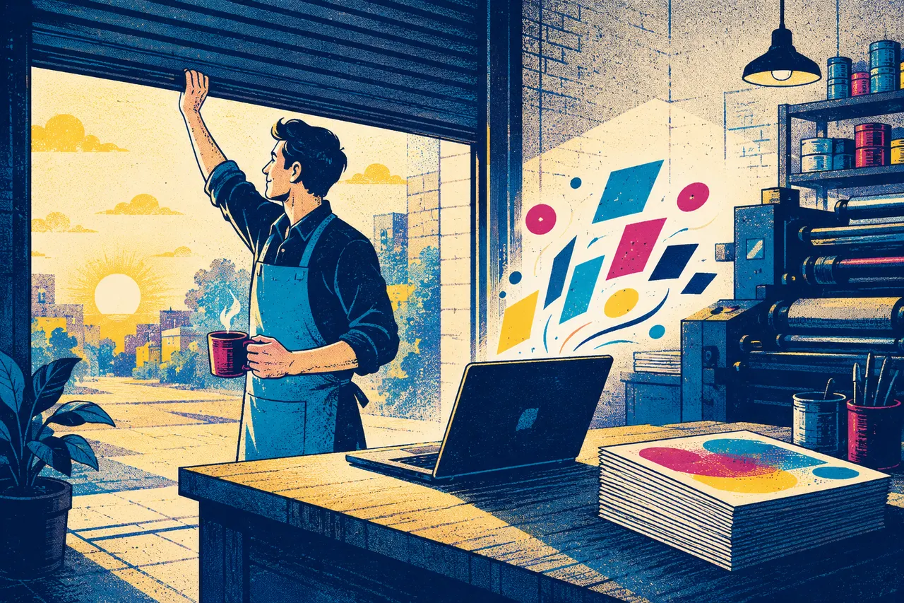 Illustration of a print shop owner opening the shutter at sunrise, coffee in hand, while the laptop on the counter already glows with overnight orders