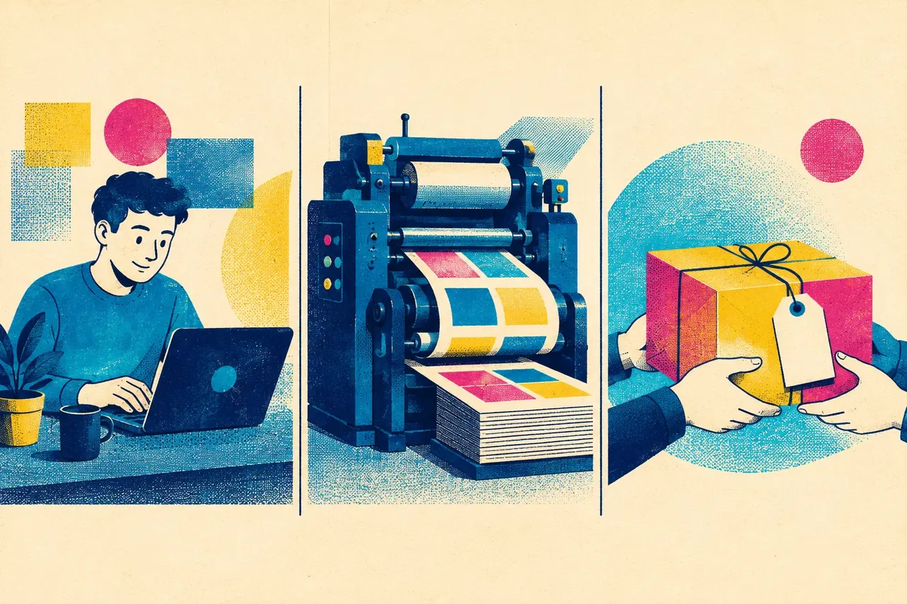 Three-panel illustration: a customer ordering on a laptop, a press printing sheets, and a finished parcel handed over