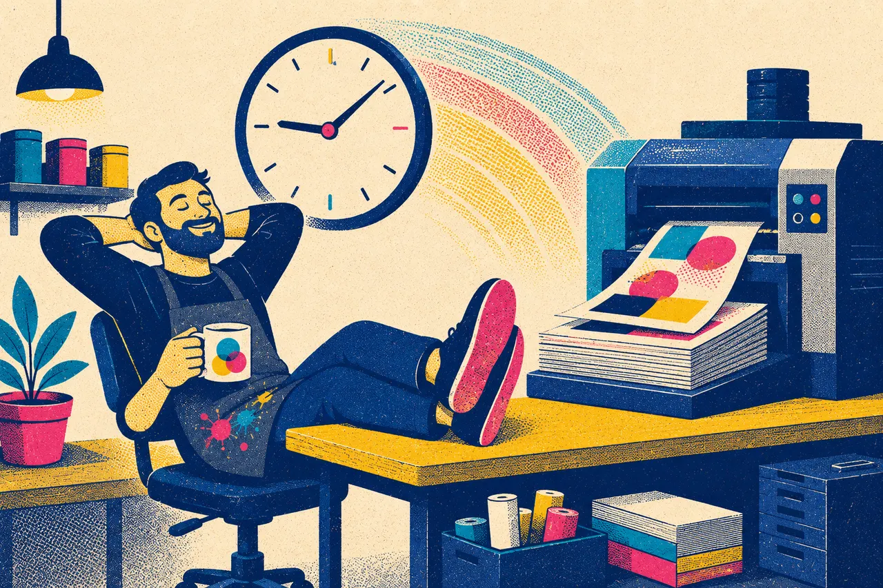 Illustration of a relaxed print shop worker with feet up and a coffee while the printer quietly stacks finished sheets on its own