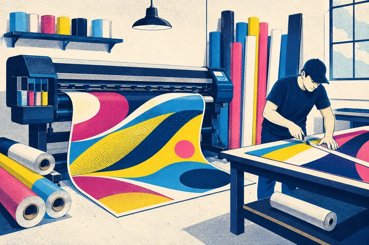 Illustration of a sign shop: a large-format roll printer feeding out a colourful banner while a worker trims a printed sign