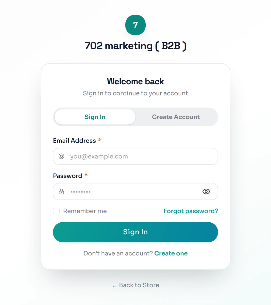 A second, differently branded tenant: a teal private B2B portal with its own company sign-in