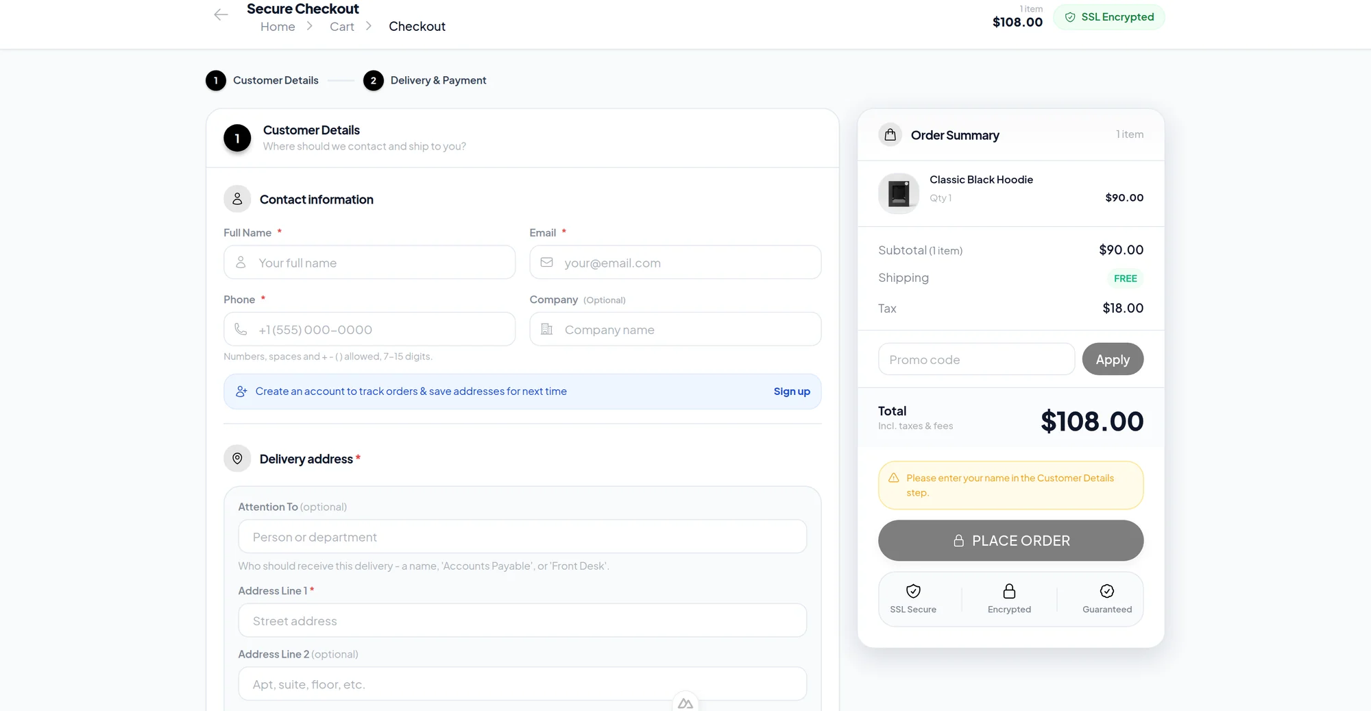 The demo shop's secure checkout: two steps (customer details, delivery and payment), SSL badge, order summary with tax and a promo code field
